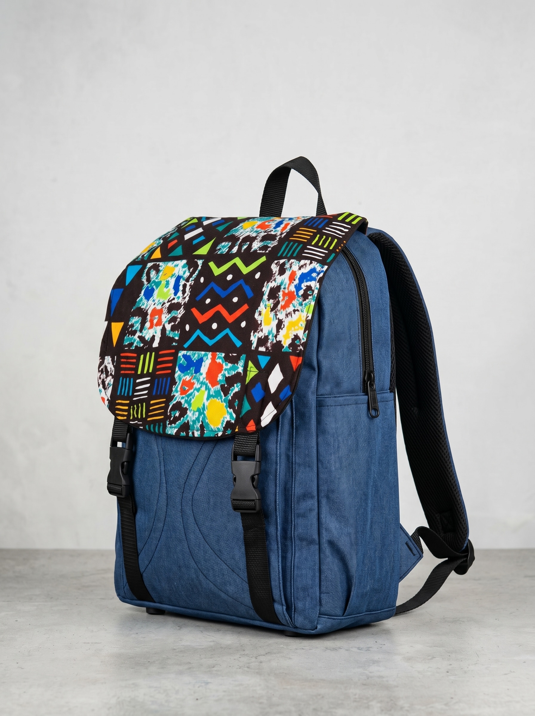 Denim Backpack – African Print| Ndebele