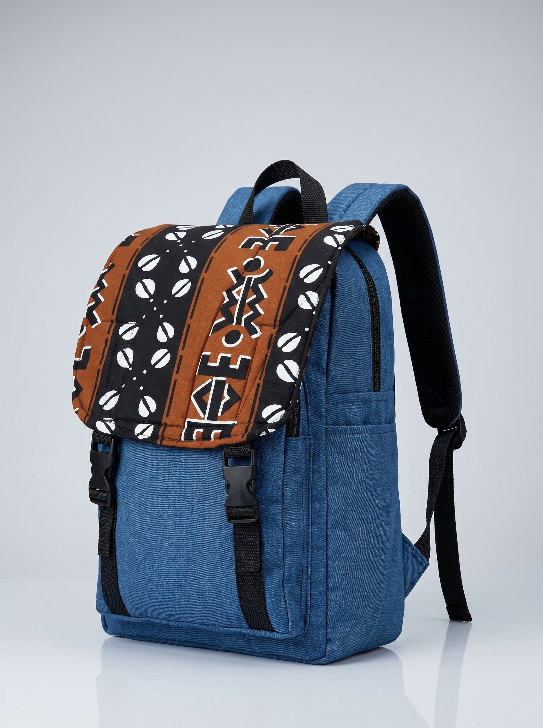 Denim Backpack – African Print Flap | Adire