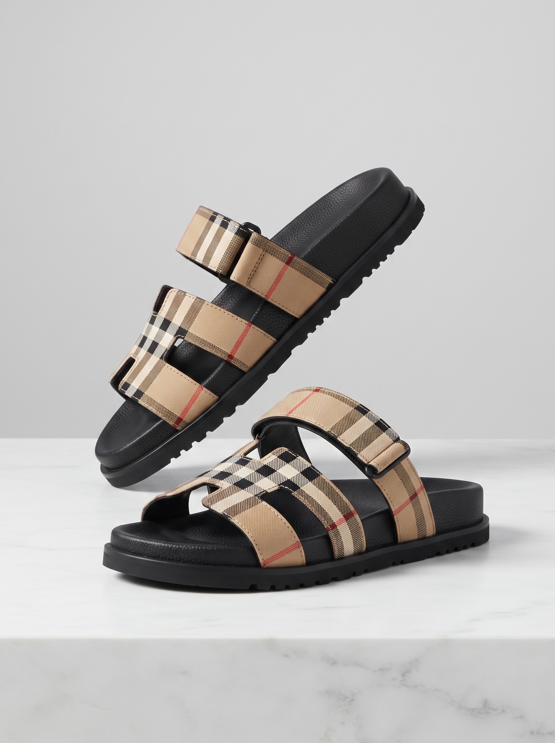 Sandals for Women – Plaid Double Strap Flat Sandal | Beige