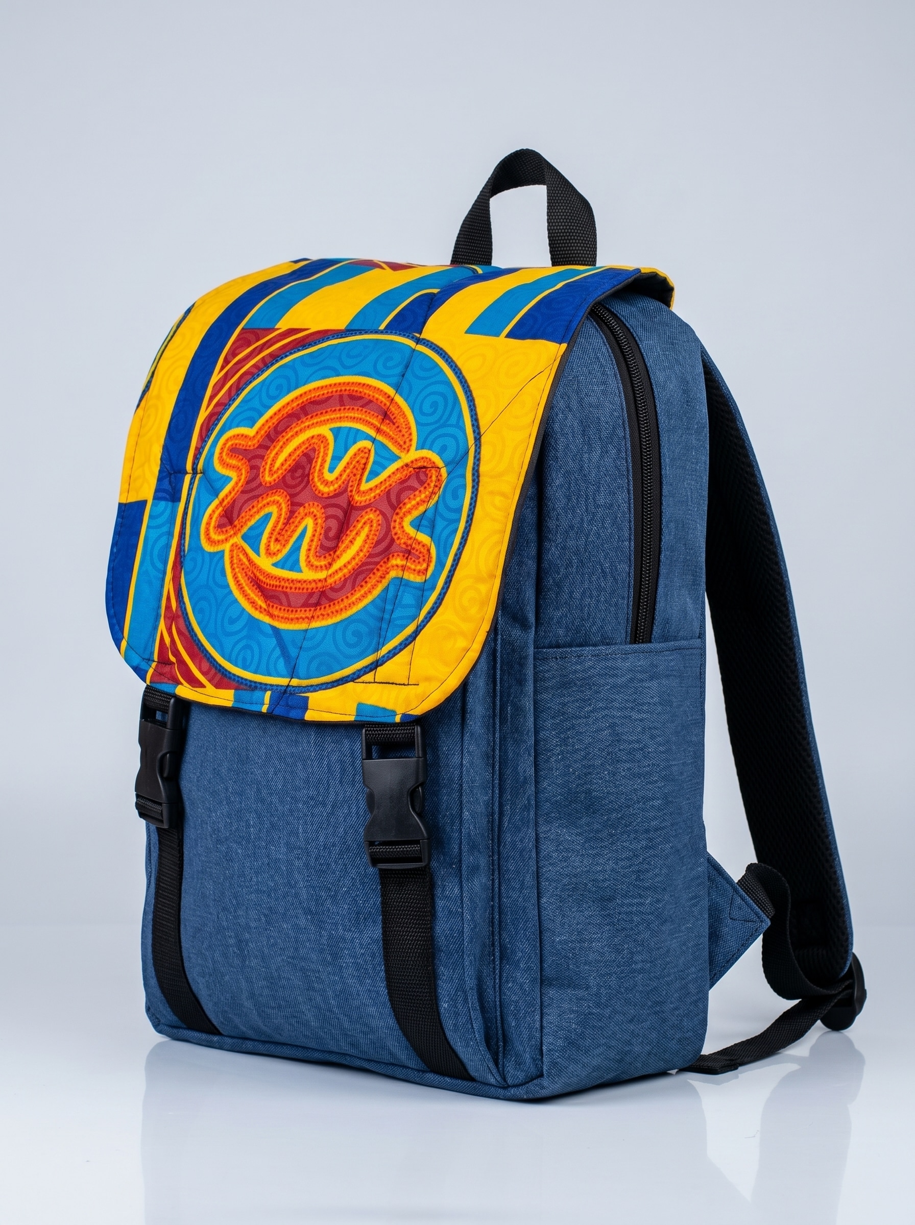 Denim Backpack – African Print Flap | Shweshwe