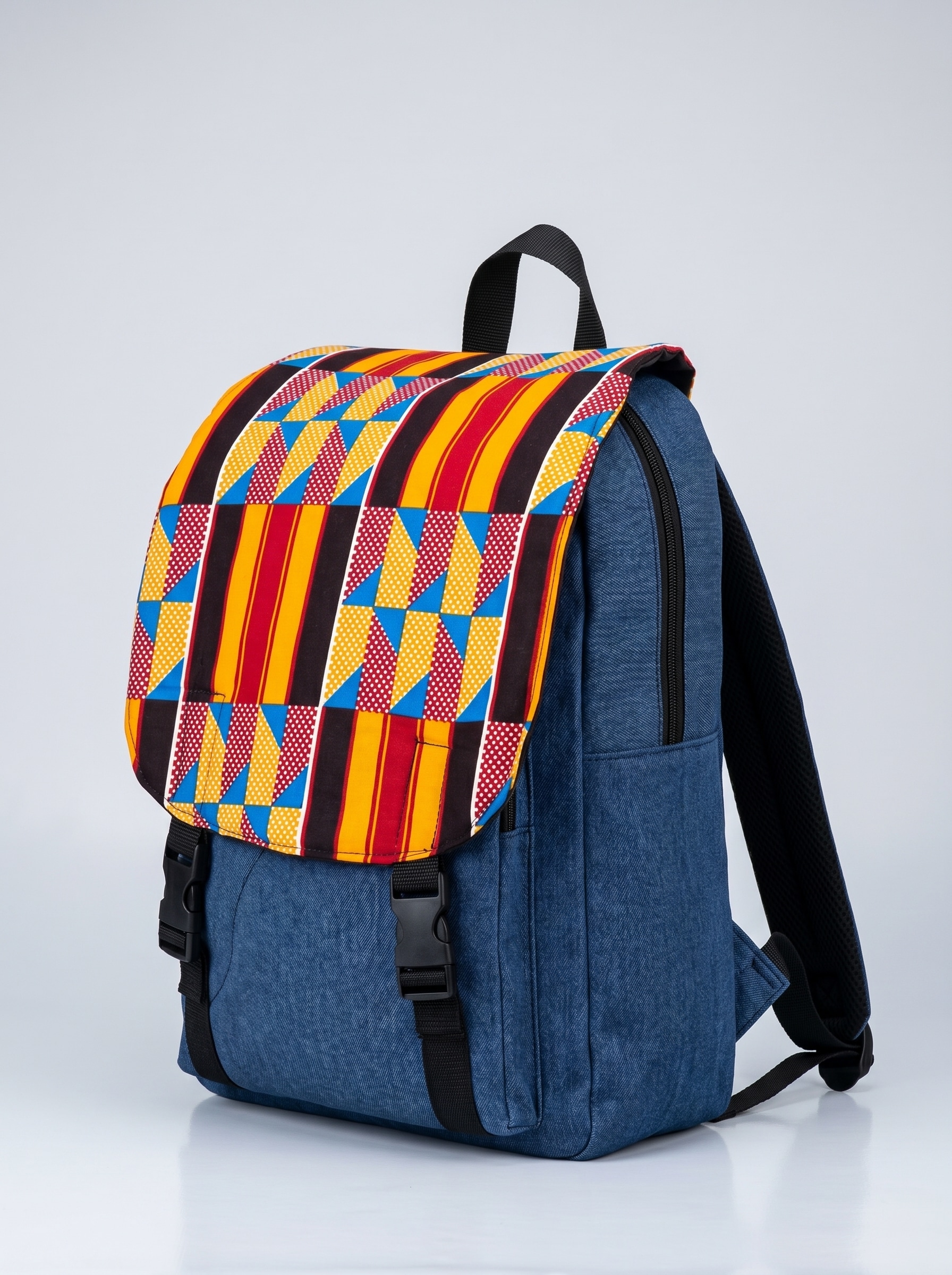Denim Backpack – African Print Flap | Dashiki