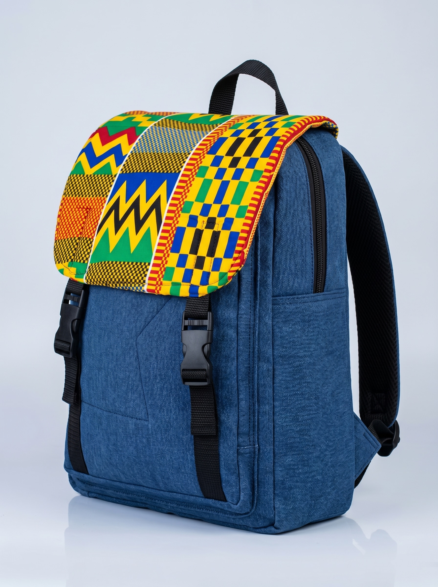 Denim Backpack – African Print| Kuba