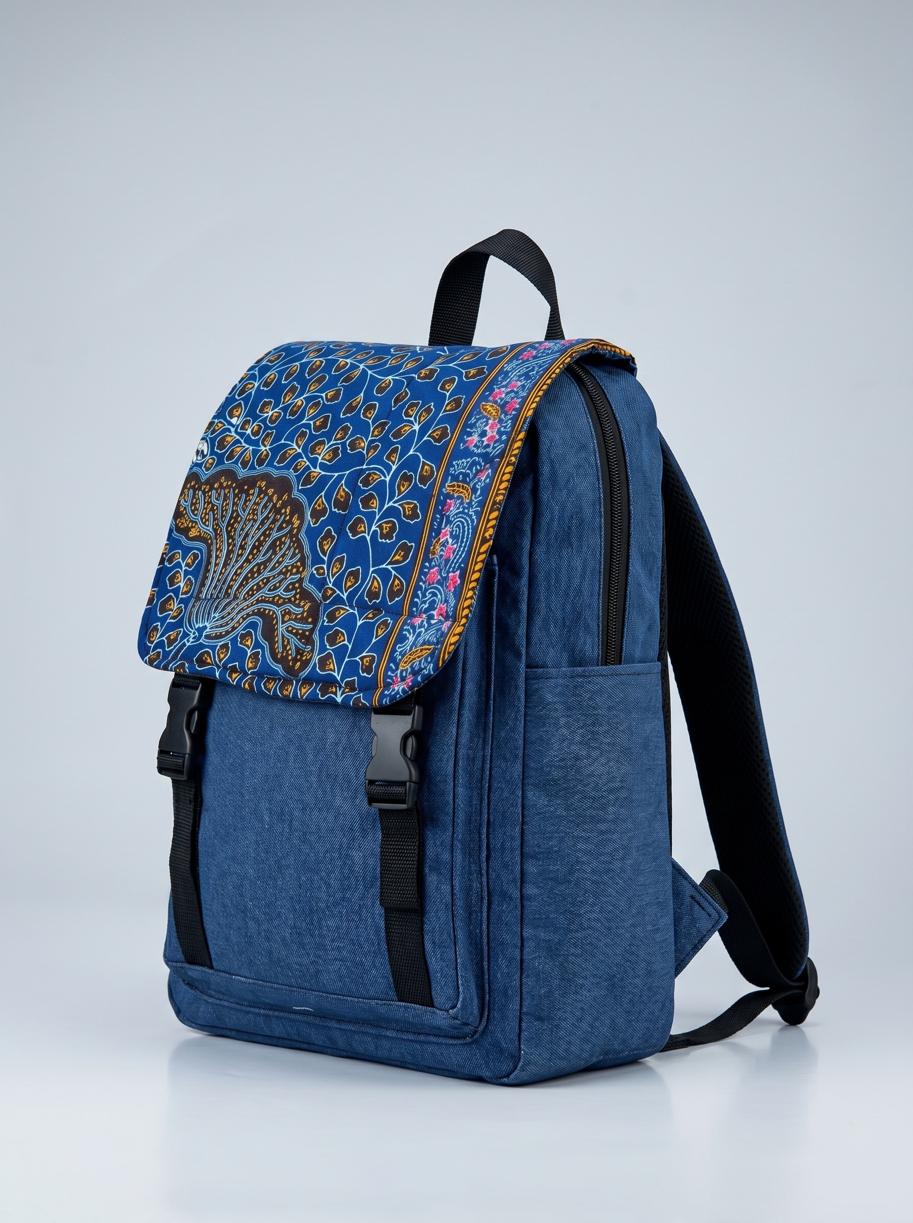Denim Backpack – African Print Flap | Aso Oke