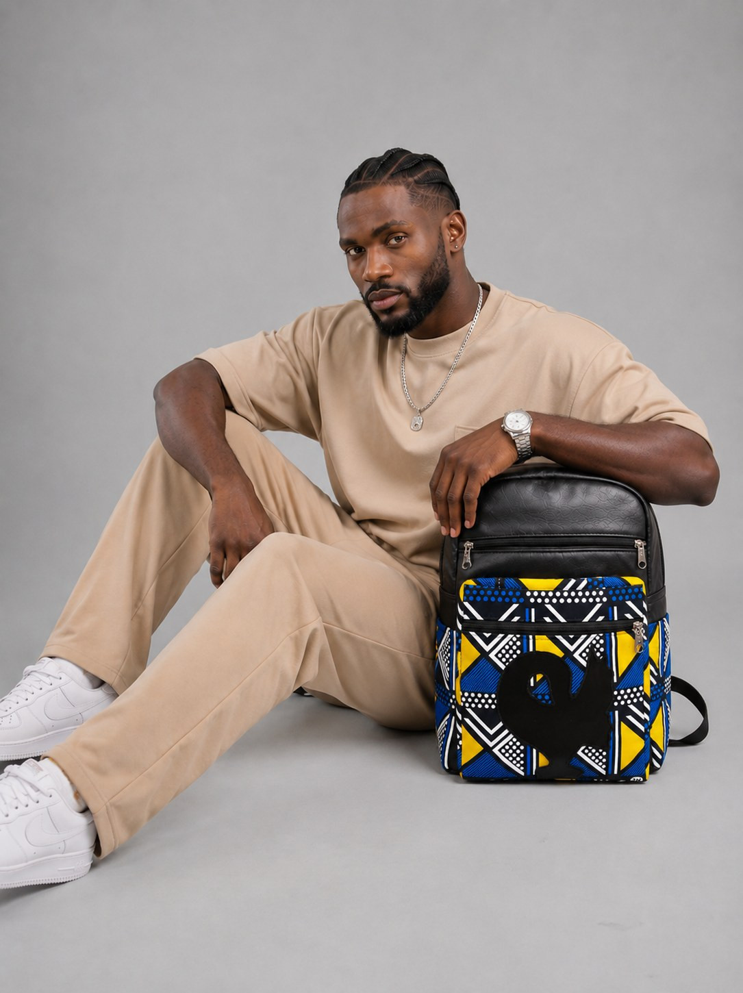 Leather Backpack – African Print |Ama alternate view
