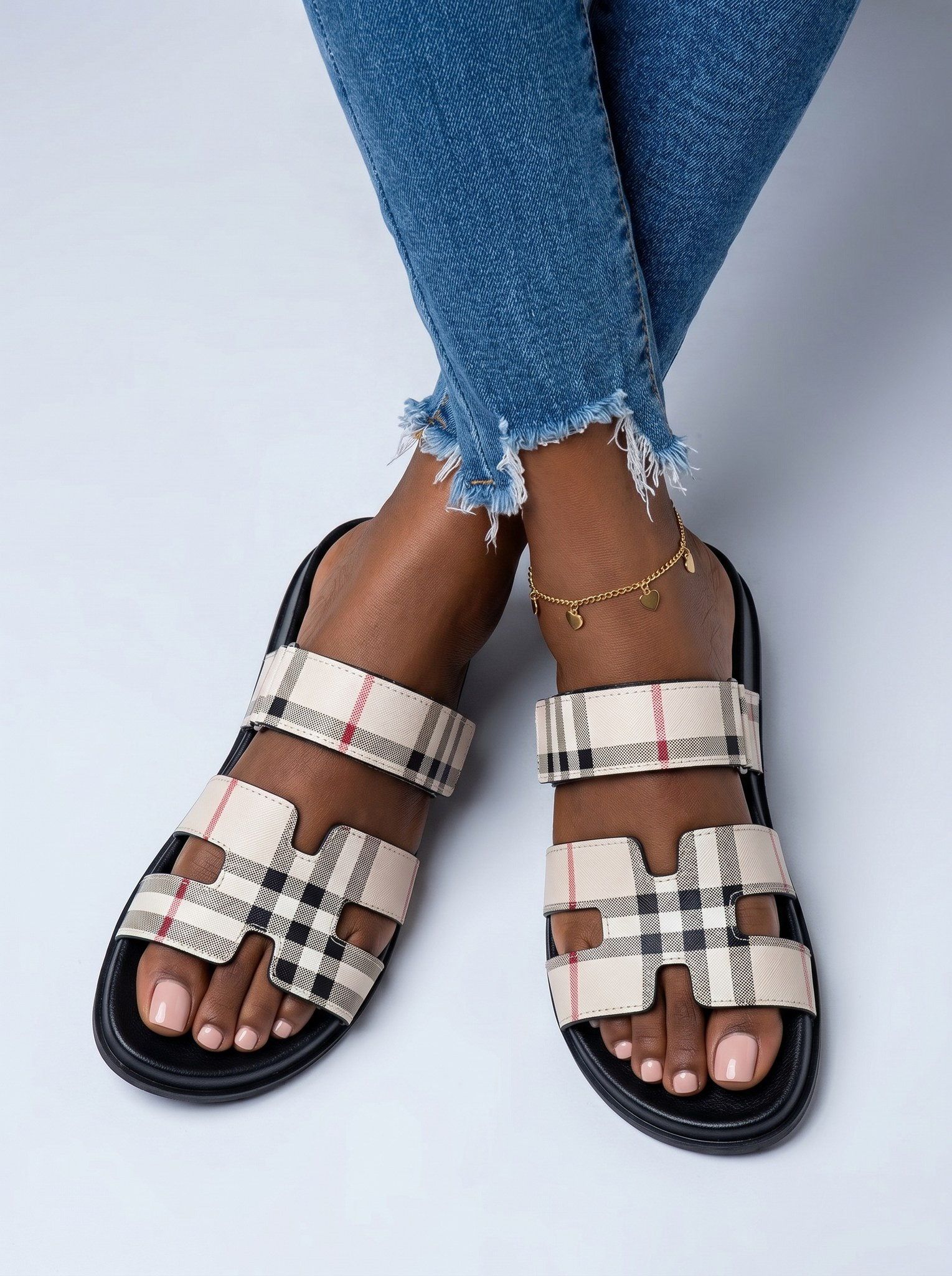 Sandals for Women – Plaid Double Strap Flat Sandal | Beige alternate view