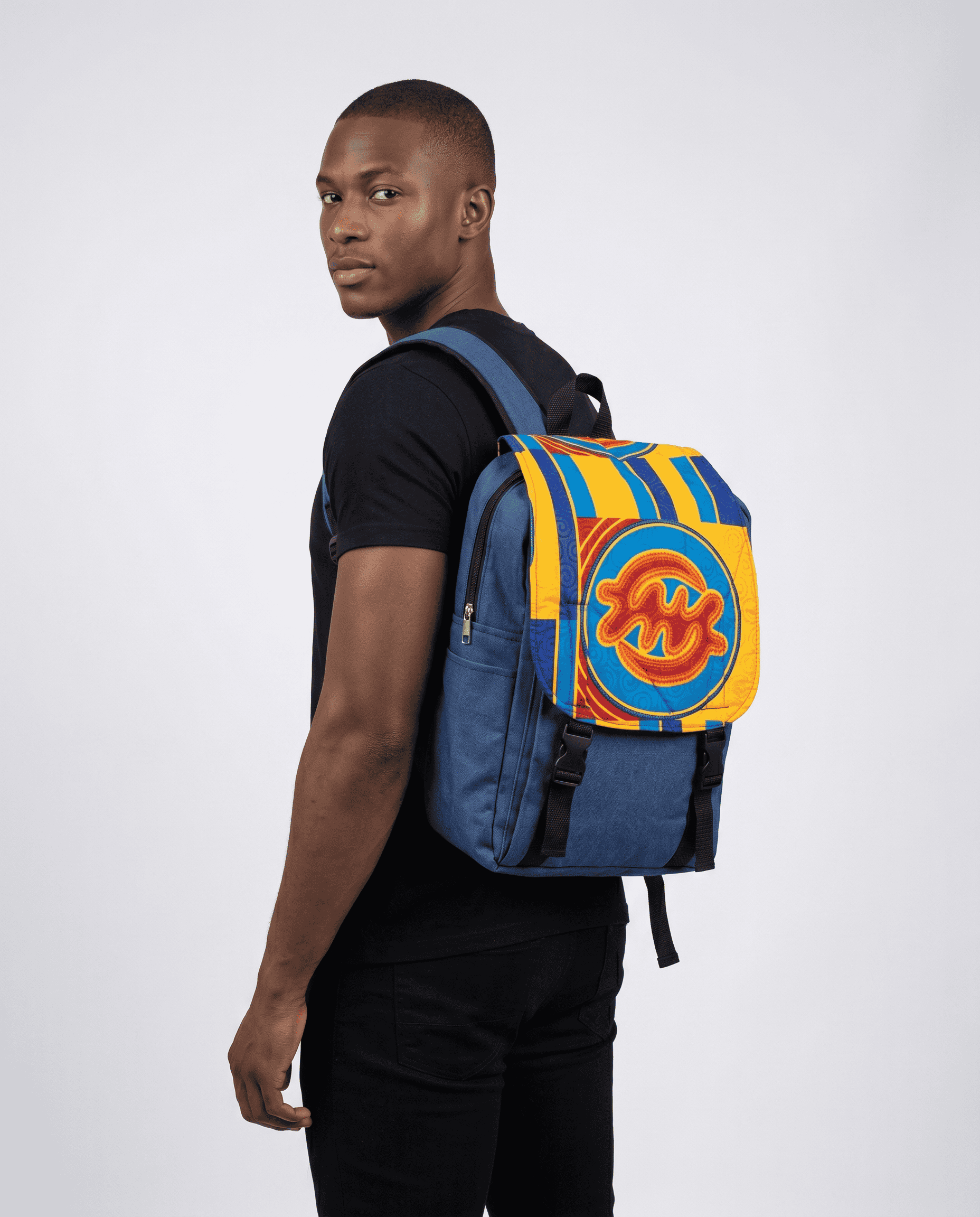 Denim Backpack – African Print Flap | Shweshwe alternate view