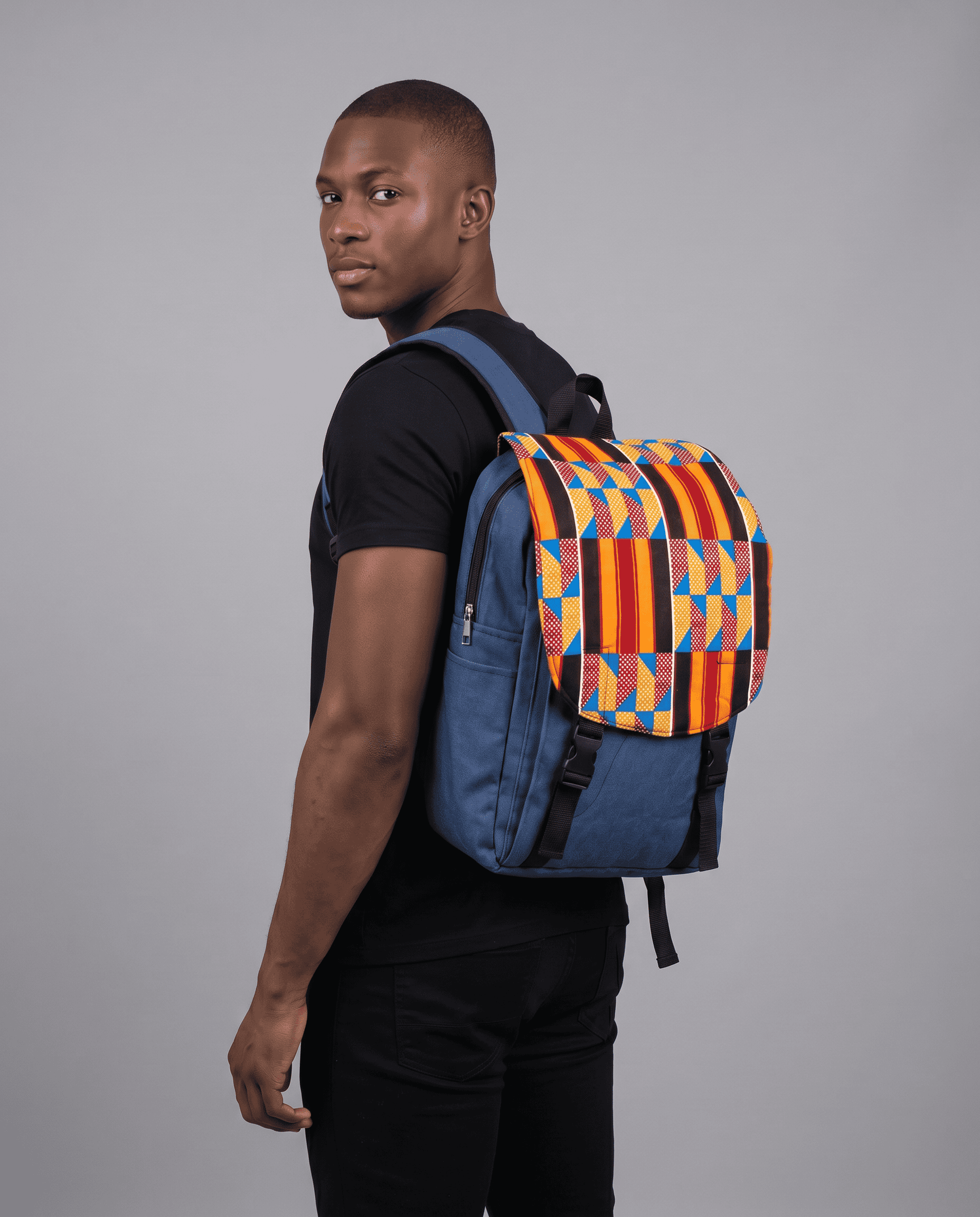 Denim Backpack – African Print Flap | Dashiki alternate view